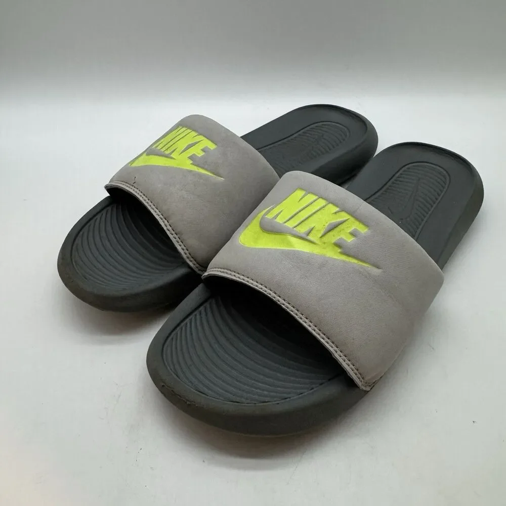 Nike Victori One Slide Sandals Men's 7 Gray Neon Green Slip-On Sport CN9675-011